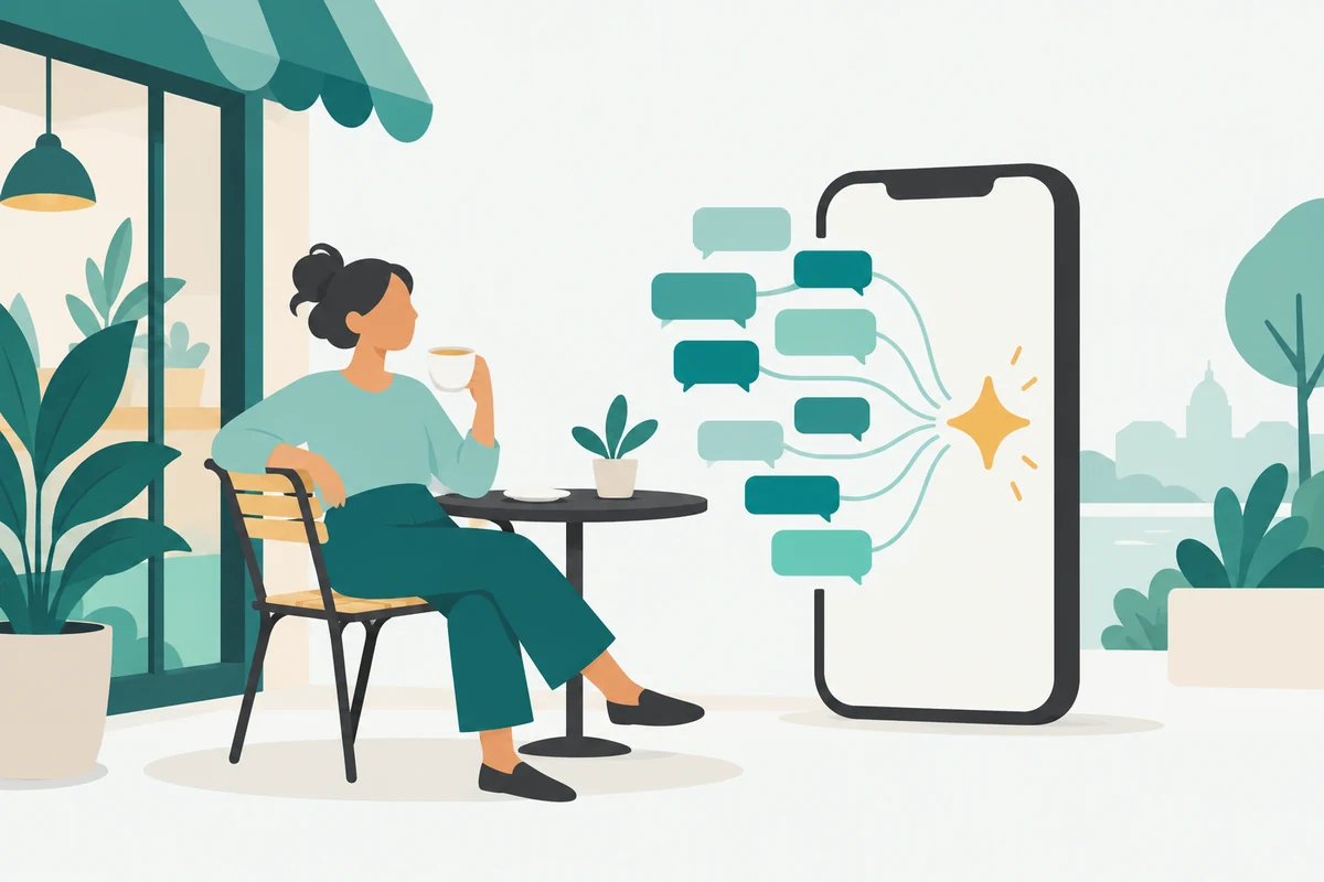 Dueño de negocio tomando un café mientras su teléfono responde mensajes con ayuda de la IA