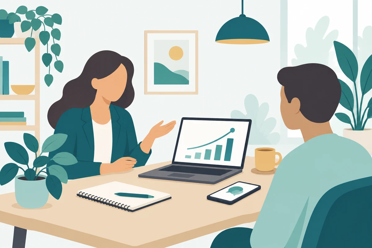 Illustration of a consulting agency with growth charts and prospect messages