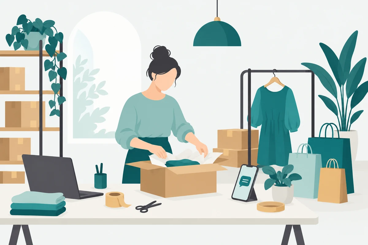 Illustration of an online fashion store with garments, shopping bags and customer messages