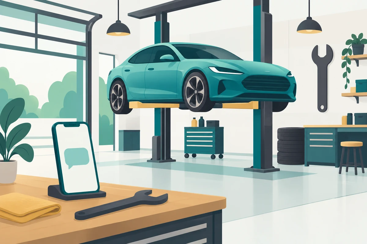 Illustration of a detailing shop with a car and a phone showing a customer conversation