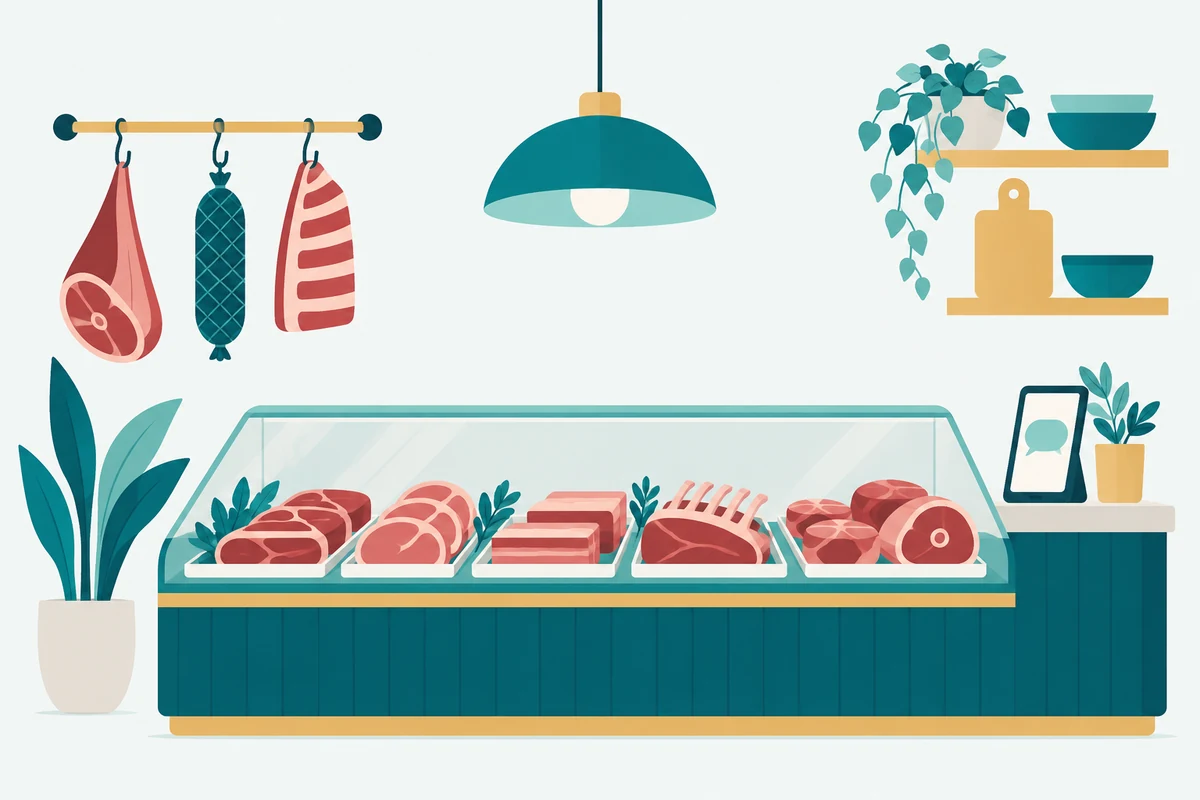 Illustration of a butcher shop with a display case of cuts and a tablet for receiving orders