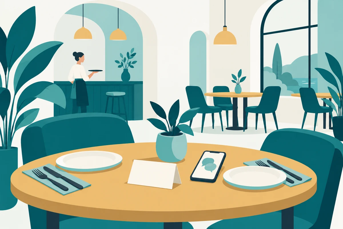Illustration of a restaurant dining room with tables ready for reservations