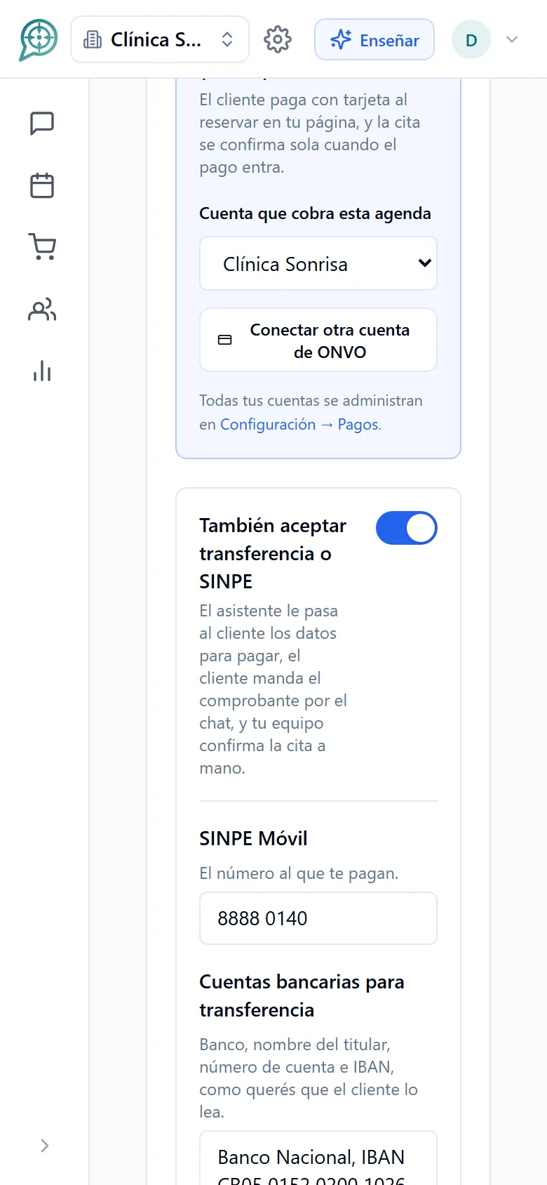 Configuración de cobro por servicio con tarjeta y SINPE (móvil)
