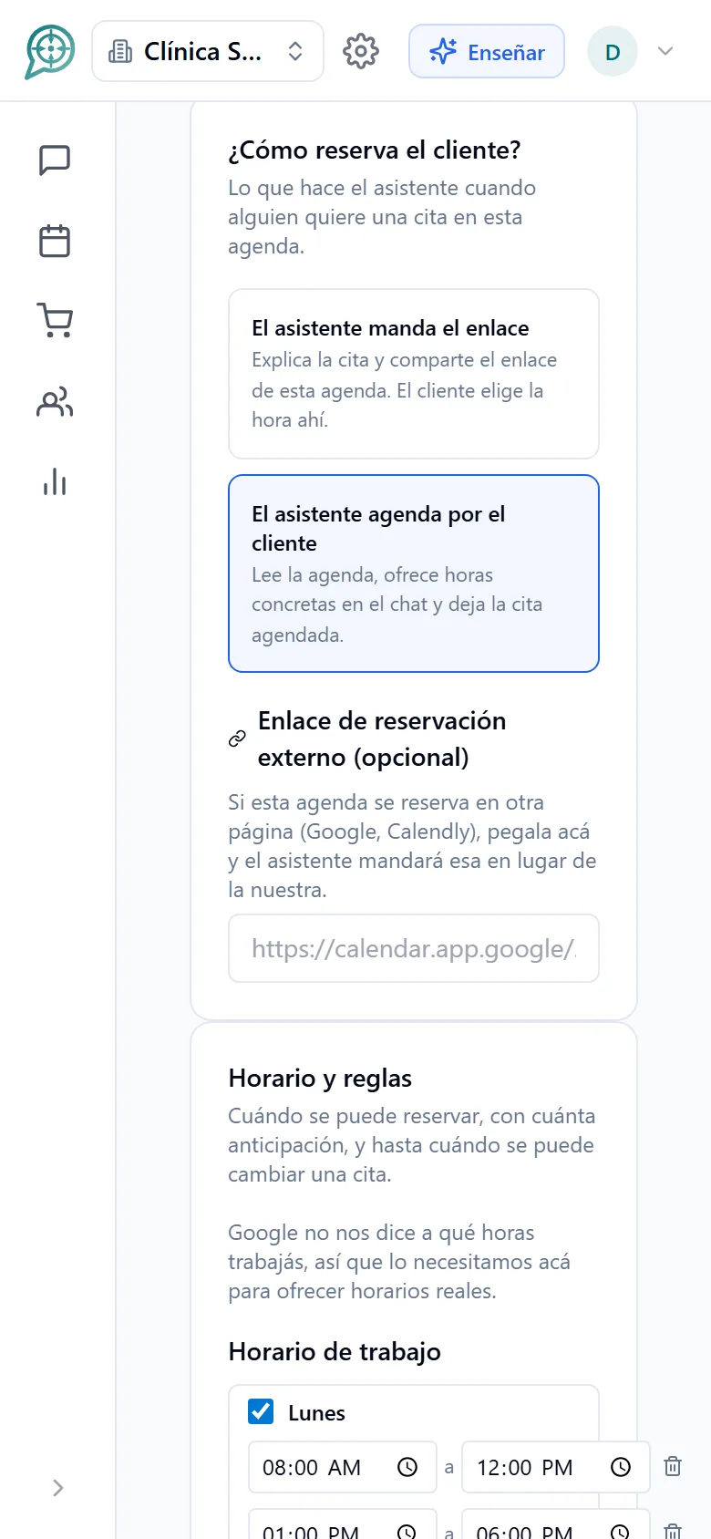 Configuración de una agenda: reserva asistida, servicios y horarios (móvil)