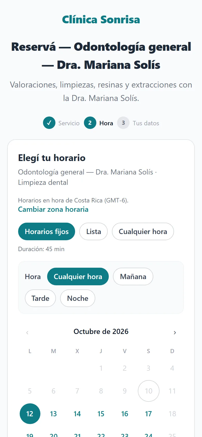 Página pública de reservas donde el cliente elige día y hora (móvil)