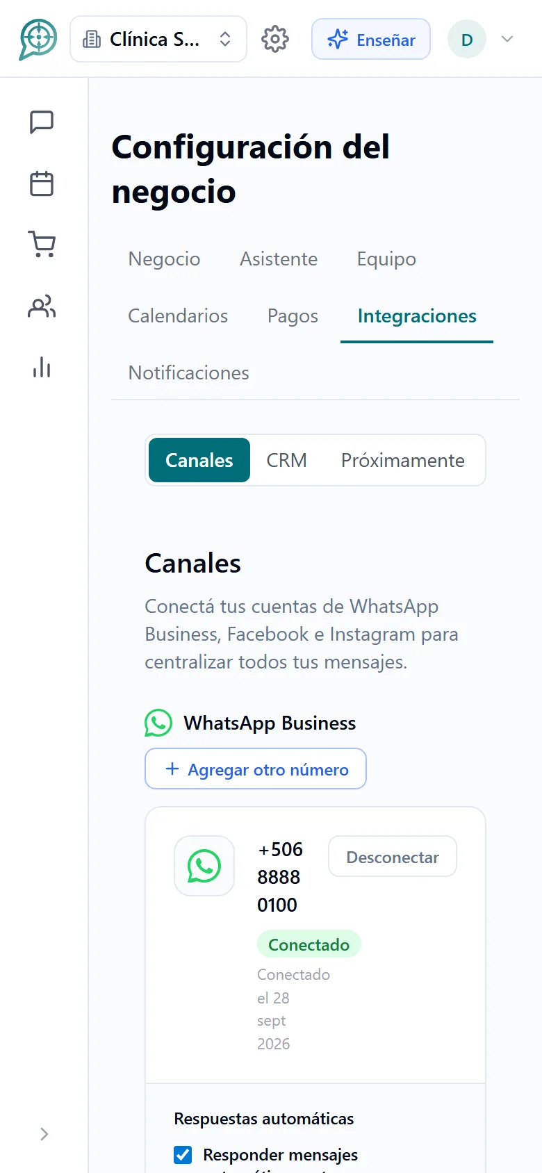 Pantalla de canales conectados: WhatsApp, Facebook e Instagram (móvil)