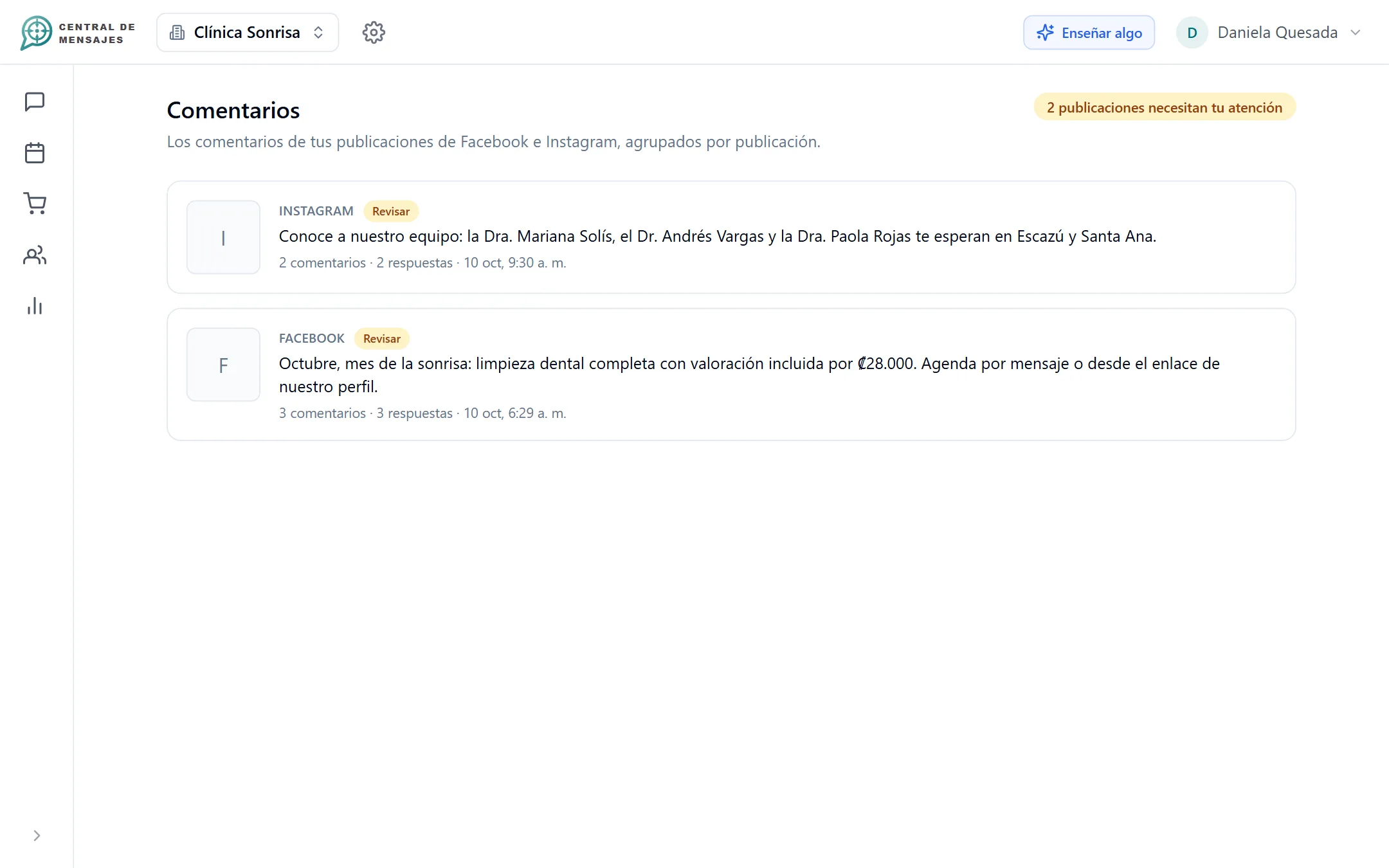 Bandeja de comentarios de Facebook e Instagram con las respuestas y reacciones del asistente