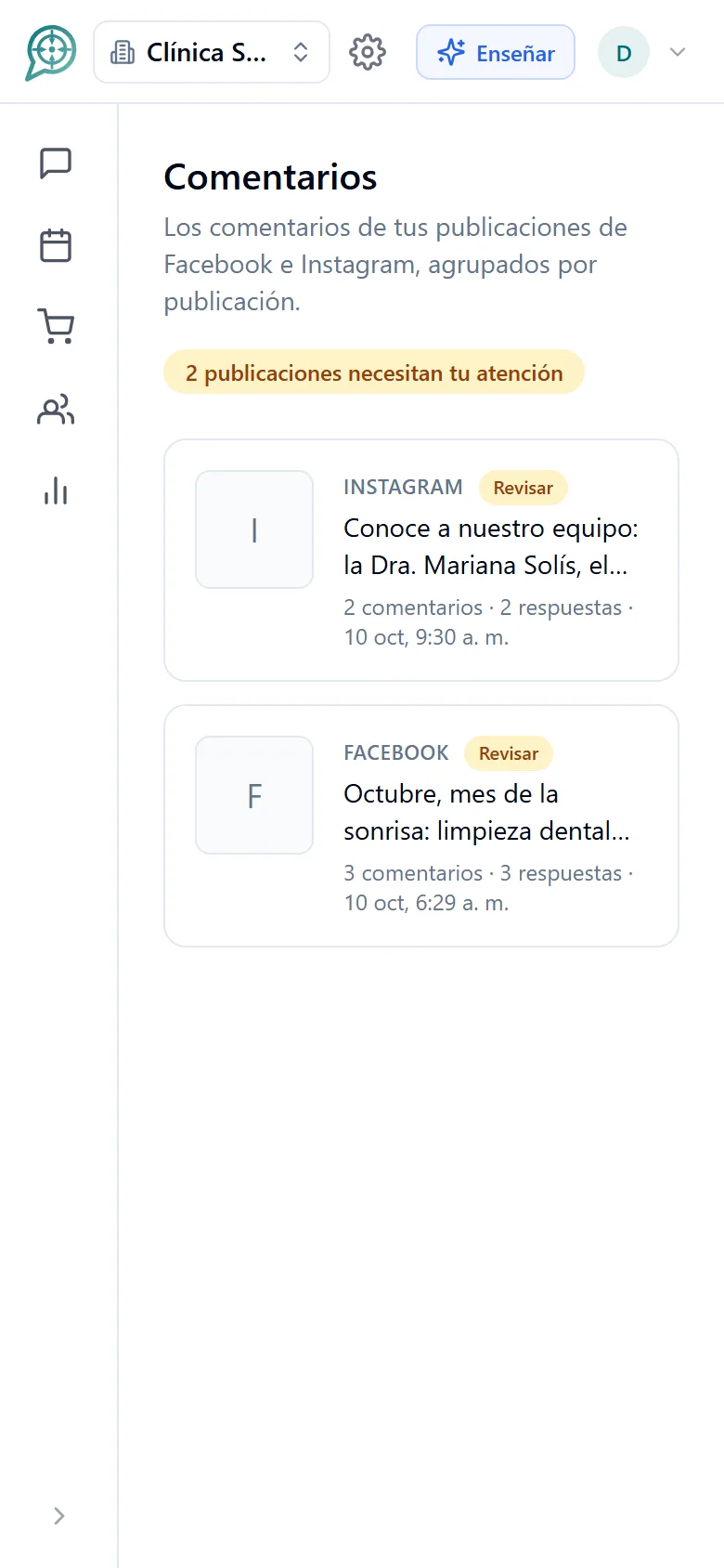 Bandeja de comentarios de Facebook e Instagram con las respuestas y reacciones del asistente (móvil)