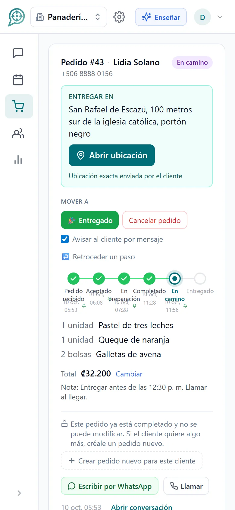 Detalle de un pedido a domicilio con línea de tiempo y ubicación de entrega (móvil)