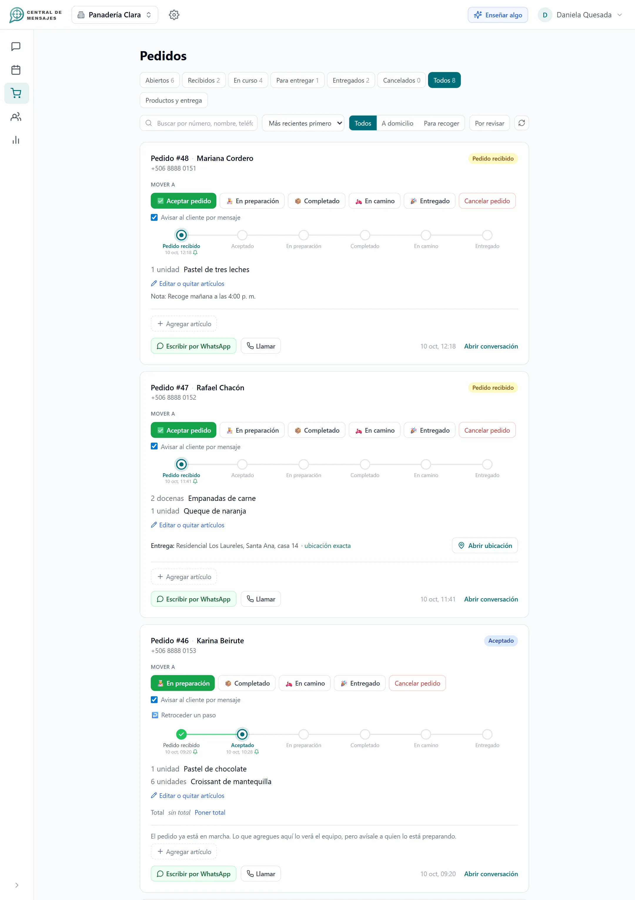 Tablero de pedidos y conversación donde el cliente recibe el estado de su pedido