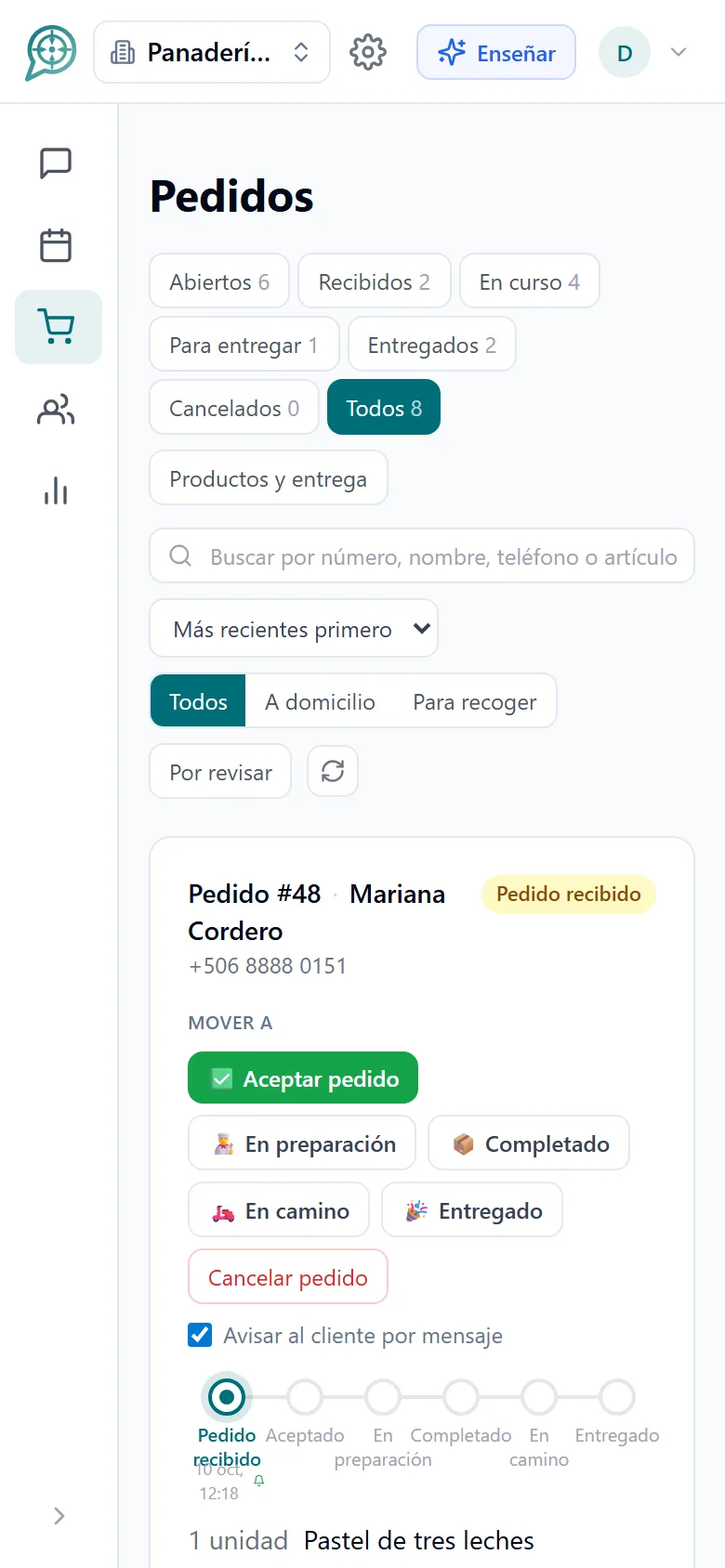 Tablero de pedidos organizado por estado (móvil)