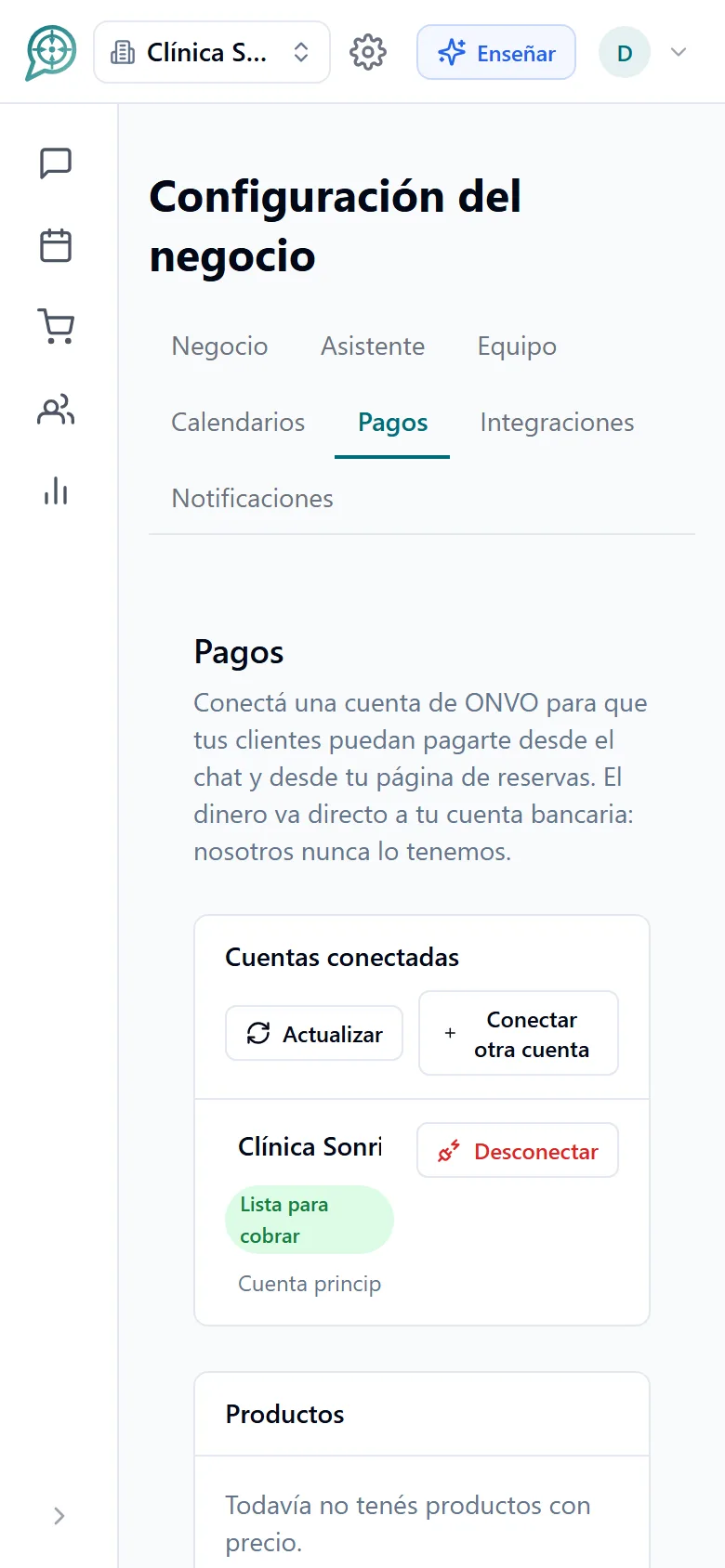 Pantalla de configuración de pagos con la cuenta de cobro conectada (móvil)