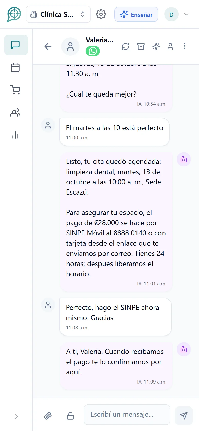 Bandeja de conversaciones y chat donde el asistente reserva una cita (móvil)
