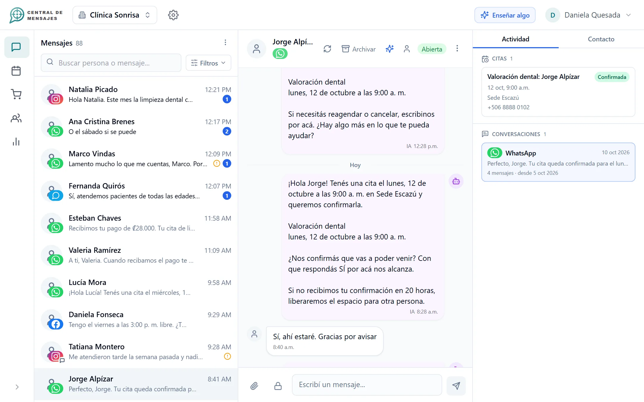 Conversación donde el cliente confirma su cita por WhatsApp